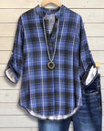 Navy Plaid Roll-Tab Sleeve Shirt