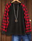 Buffalo Check Sleeve Ribbed V-Neck Sweatshirt