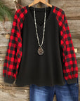 Buffalo Check Sleeve Ribbed V-Neck Sweatshirt
