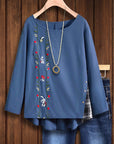 Blue Blossom Embroidered Boat-Neck Top