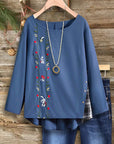 Blue Blossom Embroidered Boat-Neck Top