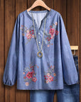 Denim Garden Embroidered V-Neck Blouse