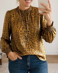 Golden Leopard Satin Puff-Sleeve Blouse