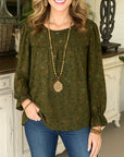 Olive Blossom Ruffled Sleeve Blouse