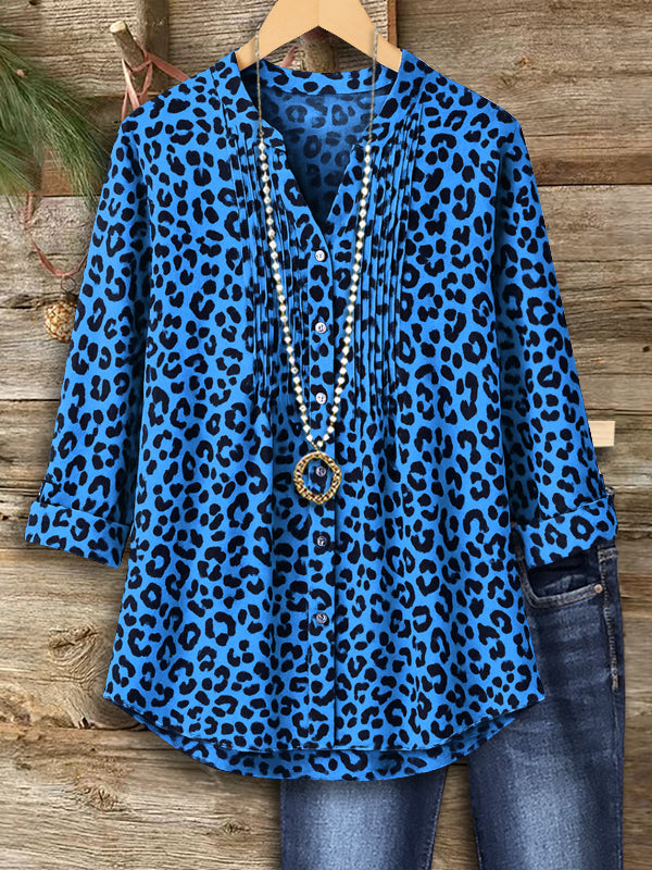 Electric Blue Pleated Leopard Blouse