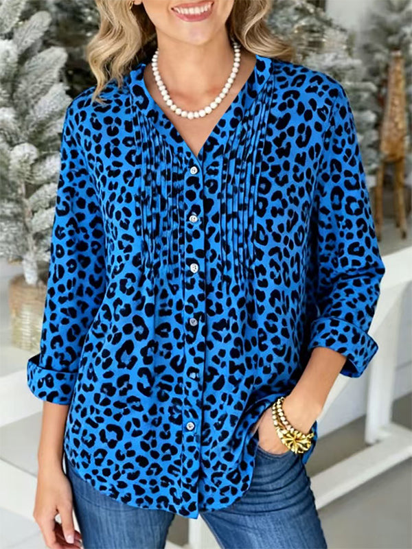 Electric Blue Pleated Leopard Blouse