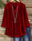 Red Velvet Pintuck V‑Neck Blouse