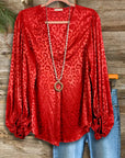 Red Satin Leopard Balloon‑Sleeve Top