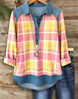 Sunset Plaid Denim‑Trim Henley Top