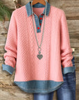 Pink Cable-Knit Denim-Trim Pullover