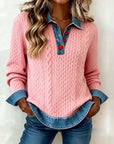 Pink Cable-Knit Denim-Trim Pullover