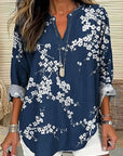 Navy Blossom V-Neck Linen-Blend Top