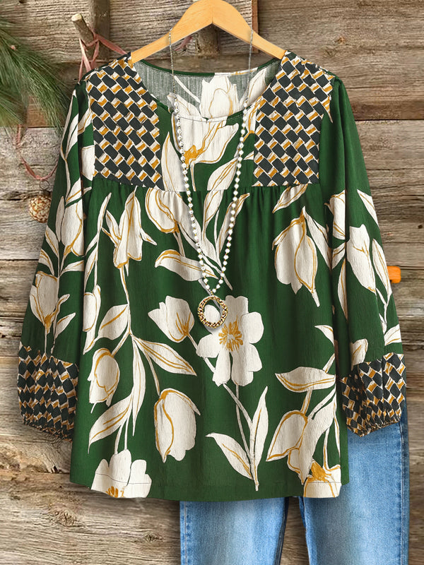 Evergreen Floral Patchwork Peasant Top