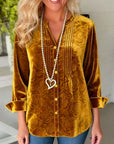 Golden Rose Velvet Pintuck V-Neck Blouse
