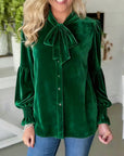 Emerald Velvet Bow-Tie Blouse