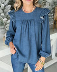 Denim Ruffle Shoulder Blouse
