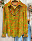 Olive Garden Floral Smocked-Cuff Button-Up Shirt