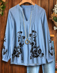 Sky Blue V-Neck Pintuck Embroidered Blouse