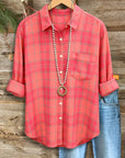 Coral Plaid Rolled-Sleeve Classic Button Shirt