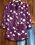 Purple Floral Roll-Sleeve Button-Down Shirt