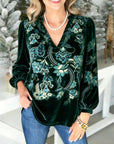 Emerald Velvet Embroidered V-Neck Blouse