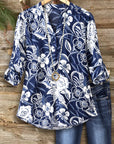 Navy Floral Split-Neck Roll-Tab Blouse