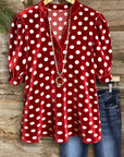 Red Polka Dot V-Neck Puff-Sleeve Top