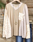 Neutral Patchwork V-Neck Long-Sleeve Top