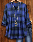 Plaid V-Neck Roll-Tab Sleeve Tunic Top