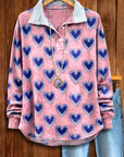 Heart Print Polo Collar Long Sleeve Top