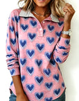 Heart Print Polo Collar Long Sleeve Top