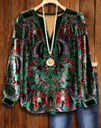 Velvet Floral V-Neck Blouson Sleeve Top