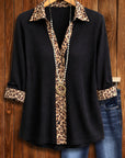 Black Ribbed Leopard Trim Collared Top