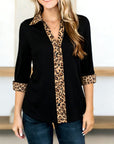 Black Ribbed Leopard Trim Collared Top