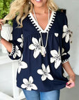 Navy Floral Boho V-Neck Blouse