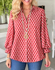 Red Geo Print Collared Puff-Sleeve Blouse