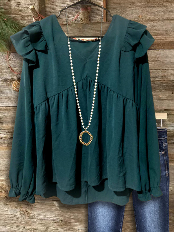 Emerald Ruffle Shoulder Blouse