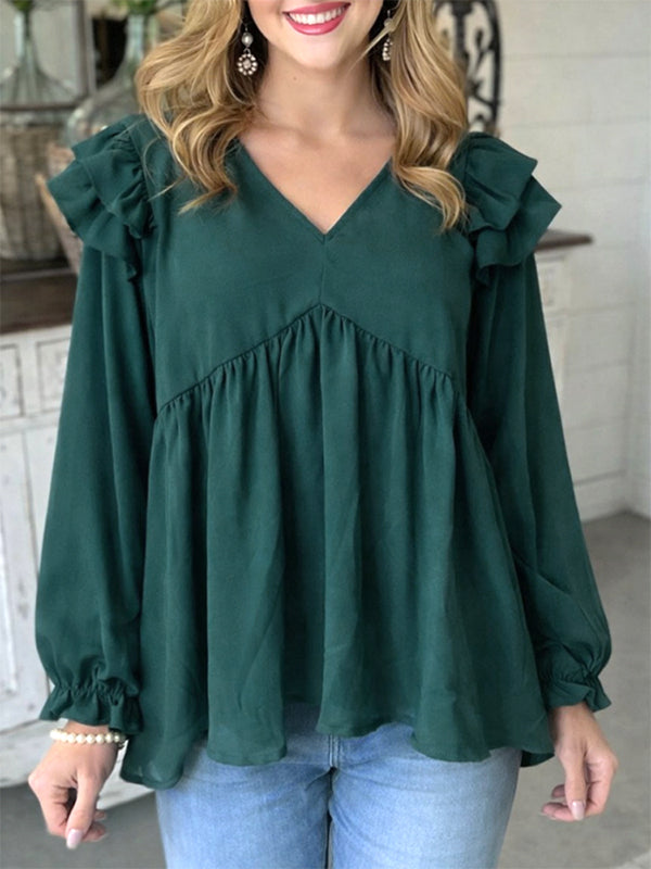 Emerald Ruffle Shoulder Blouse