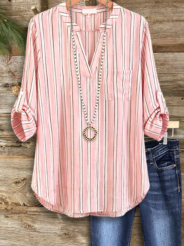 Blush City Stripe Roll-Tab Blouse
