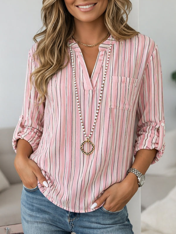 Blush City Stripe Roll-Tab Blouse