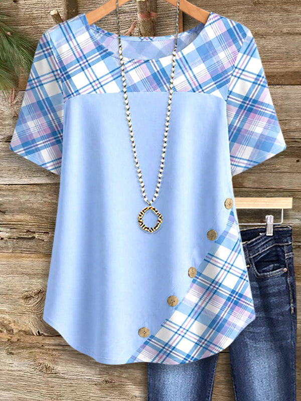 Blue Plaid Patchwork Button Tunic