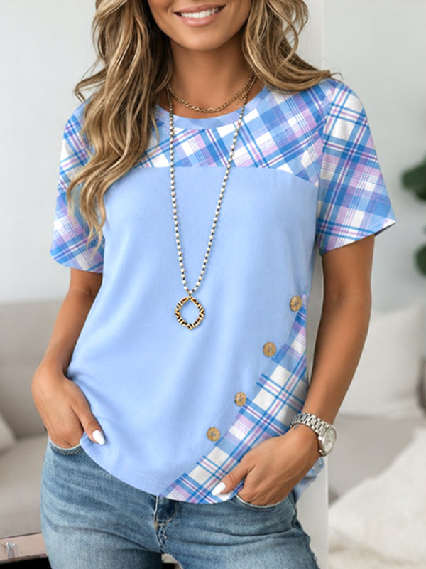 Blue Plaid Patchwork Button Tunic