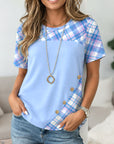 Blue Plaid Patchwork Button Tunic