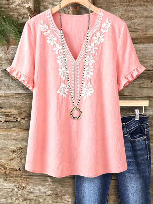 Romantic Blossom Embroidered V-Neck Top