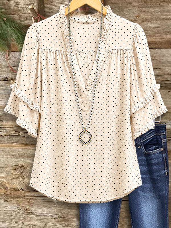 Polka Dot Ruffle V-Neck Blouse