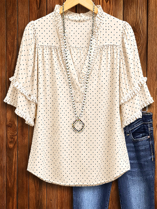 Polka Dot Ruffle V-Neck Blouse