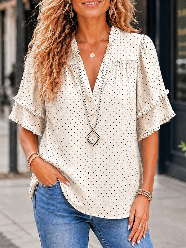 Polka Dot Ruffle V-Neck Blouse