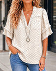 Polka Dot Ruffle V-Neck Blouse