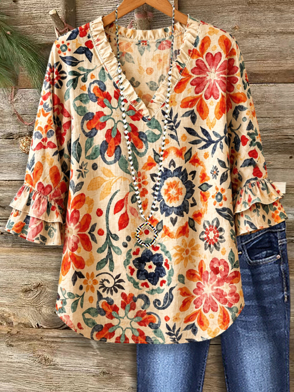 Sunset Mosaic Ruffle Blouse
