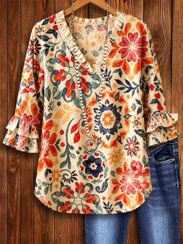 Sunset Mosaic Ruffle Blouse